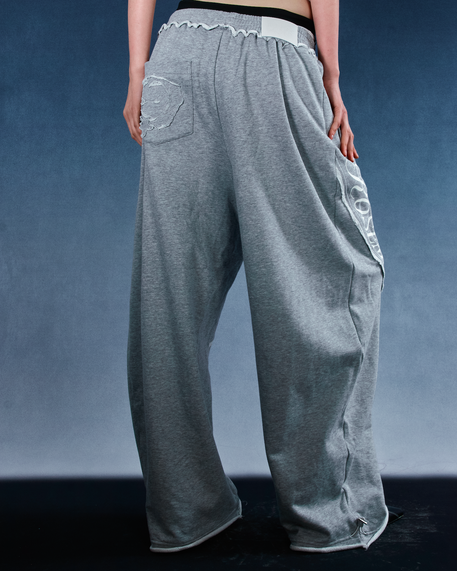 Stitch Panel Embroidered Wide‑Leg Sweatpants - Grey