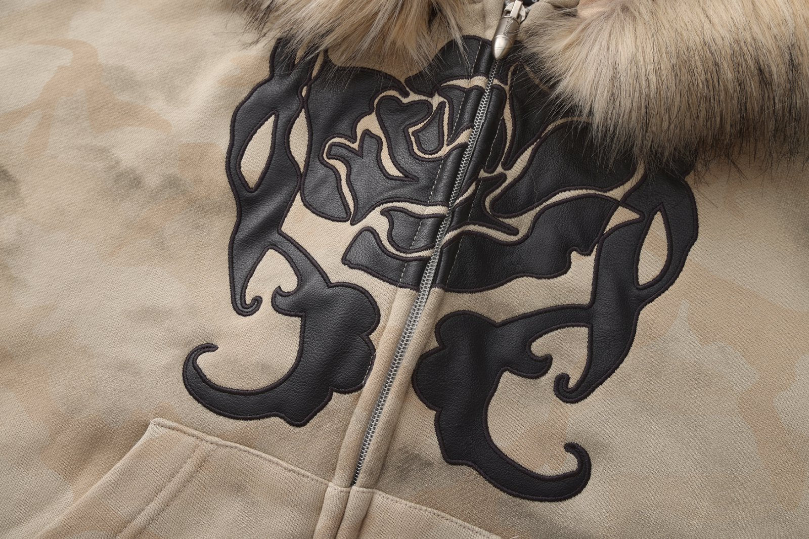 Fur Hat Zipper Jacket - Light Camo