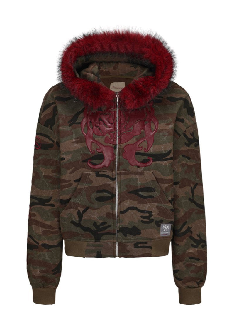 Fur Hat Zipper Jacket - Dark Camo