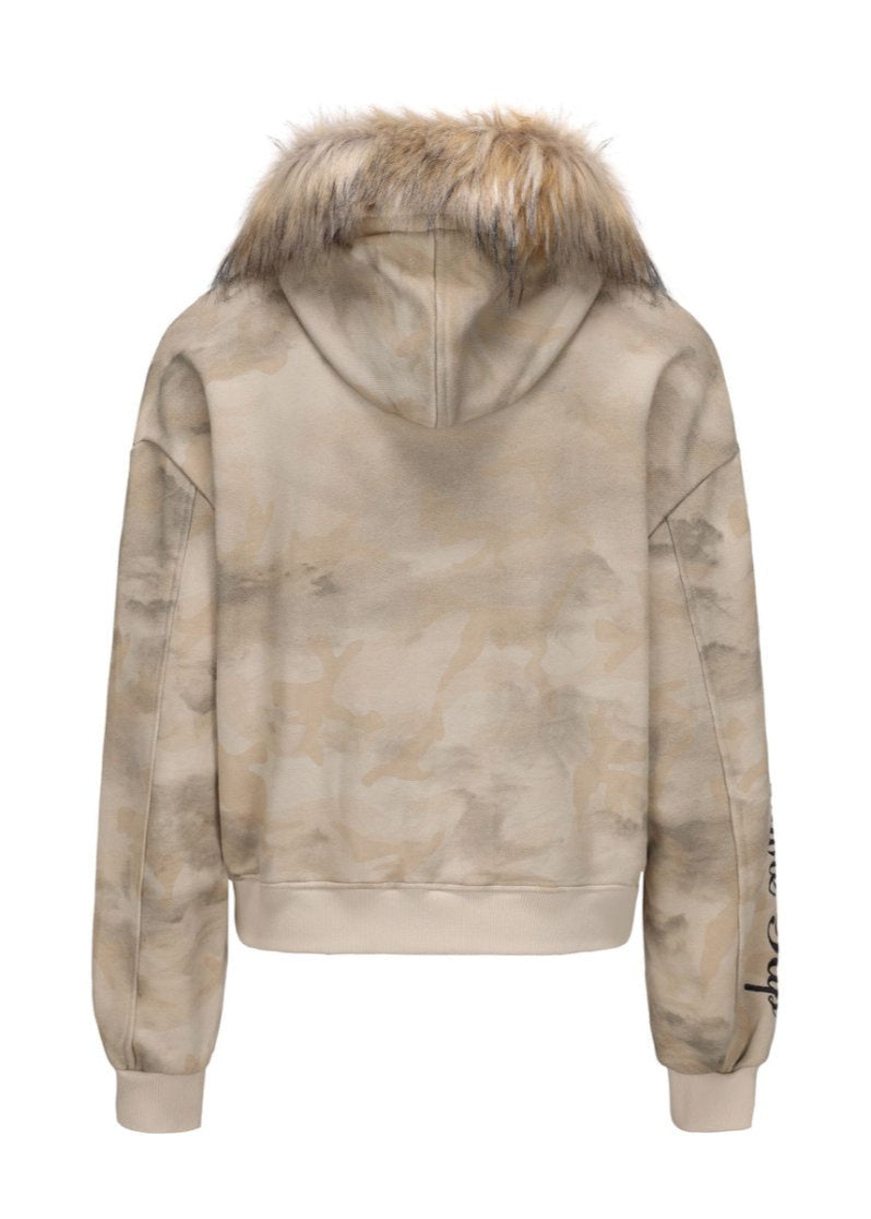 Fur Hat Zipper Jacket - Light Camo