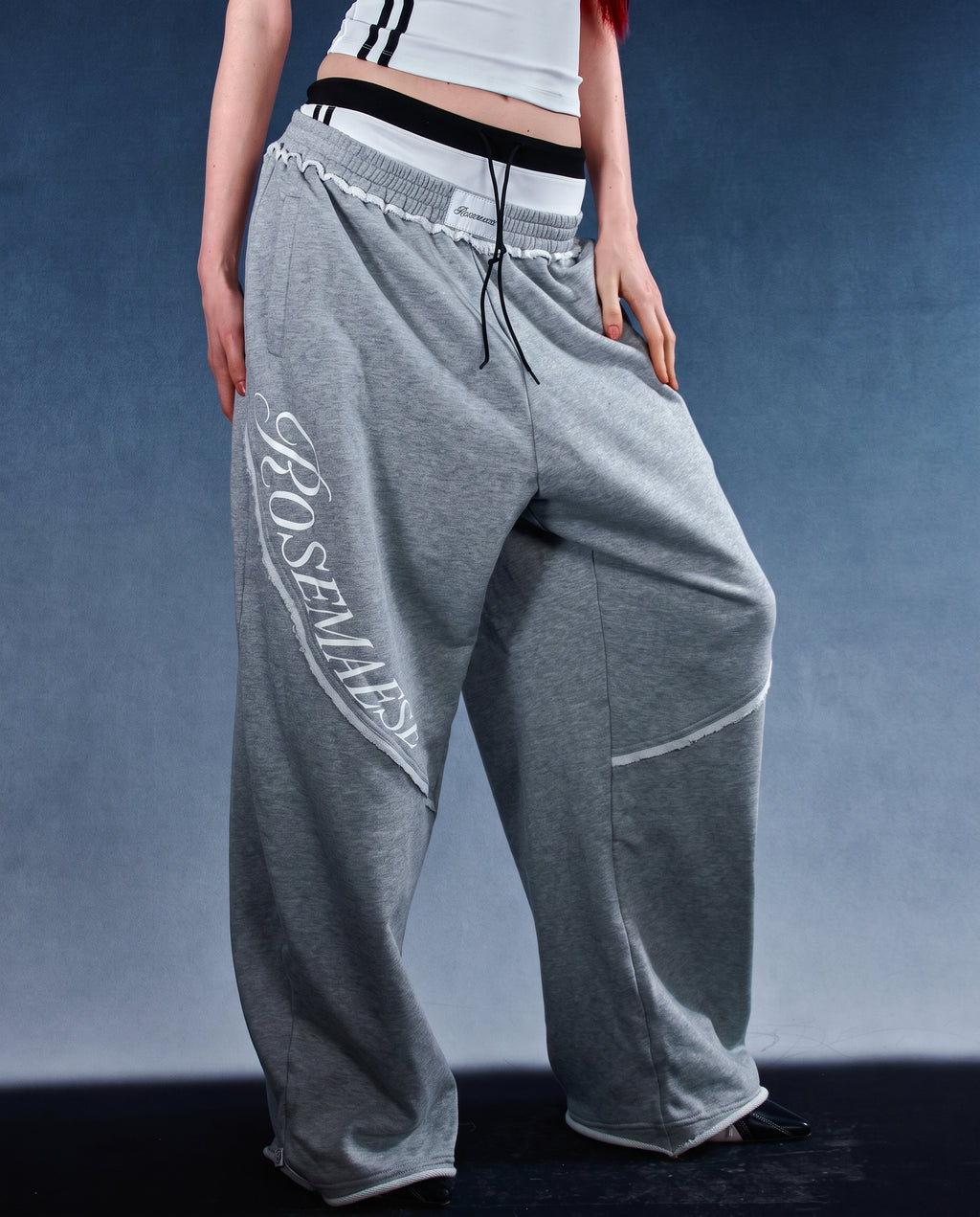 Stitch Panel Embroidered Wide‑Leg Sweatpants - Grey