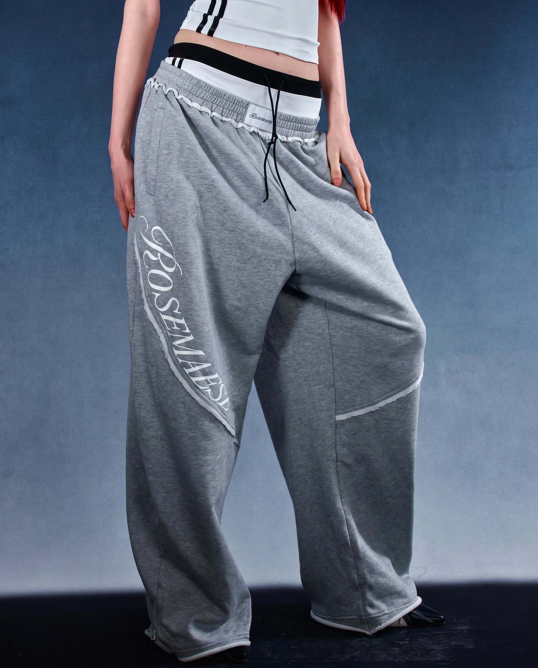 Stitch Panel Embroidered Wide‑Leg Sweatpants - Grey