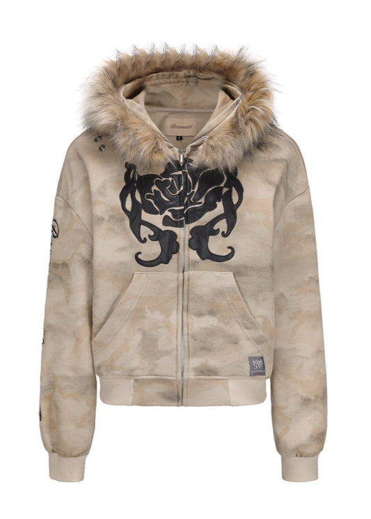 Fur Hat Zipper Jacket - Light Camo