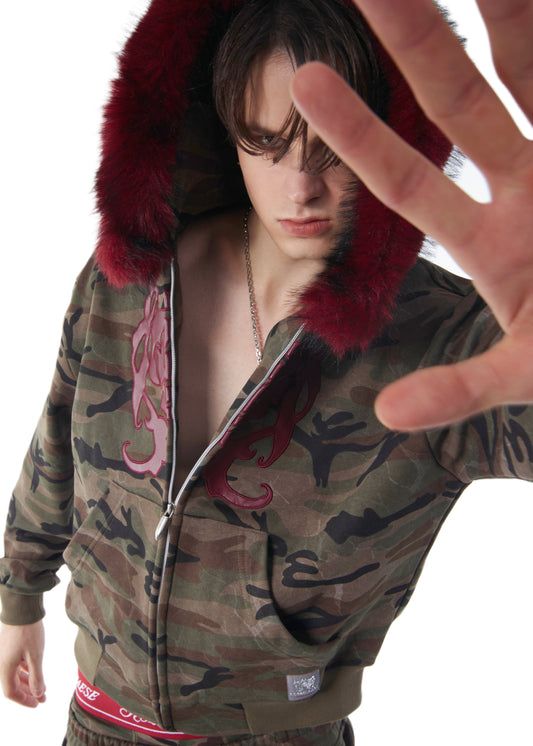 Fur Hat Zipper Jacket - Dark Camo