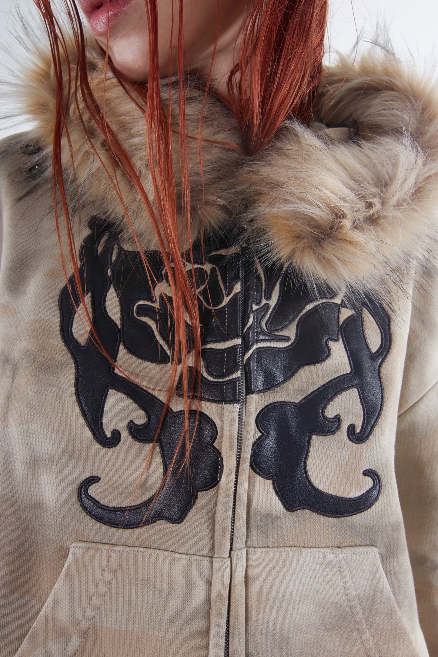 Fur Hat Zipper Jacket - Light Camo