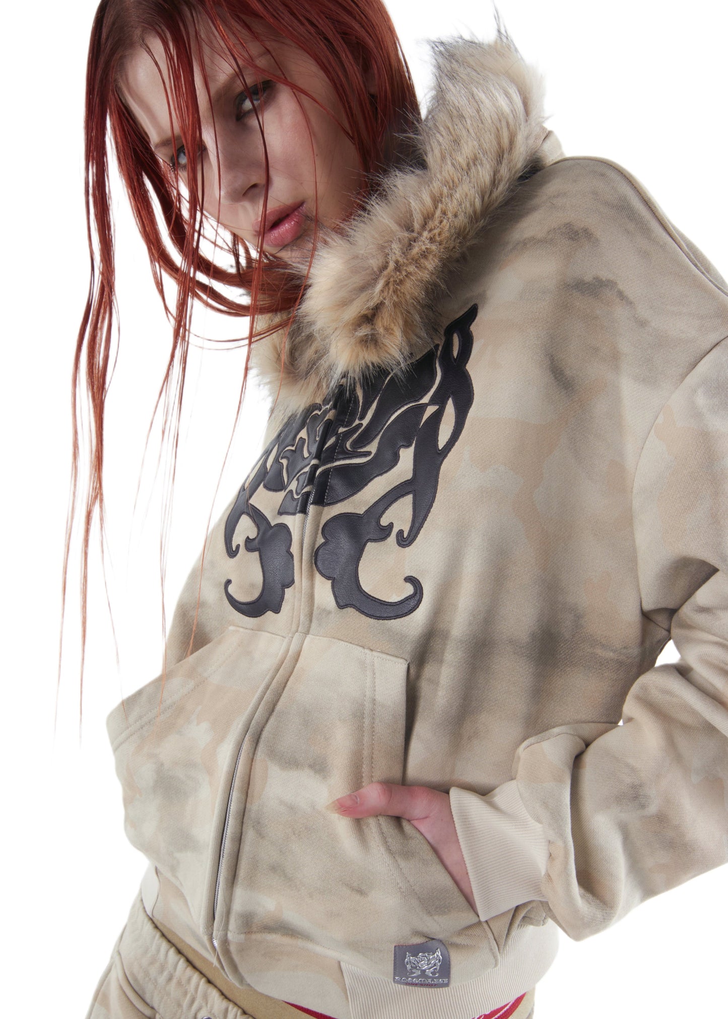 Fur Hat Zipper Jacket - Light Camo