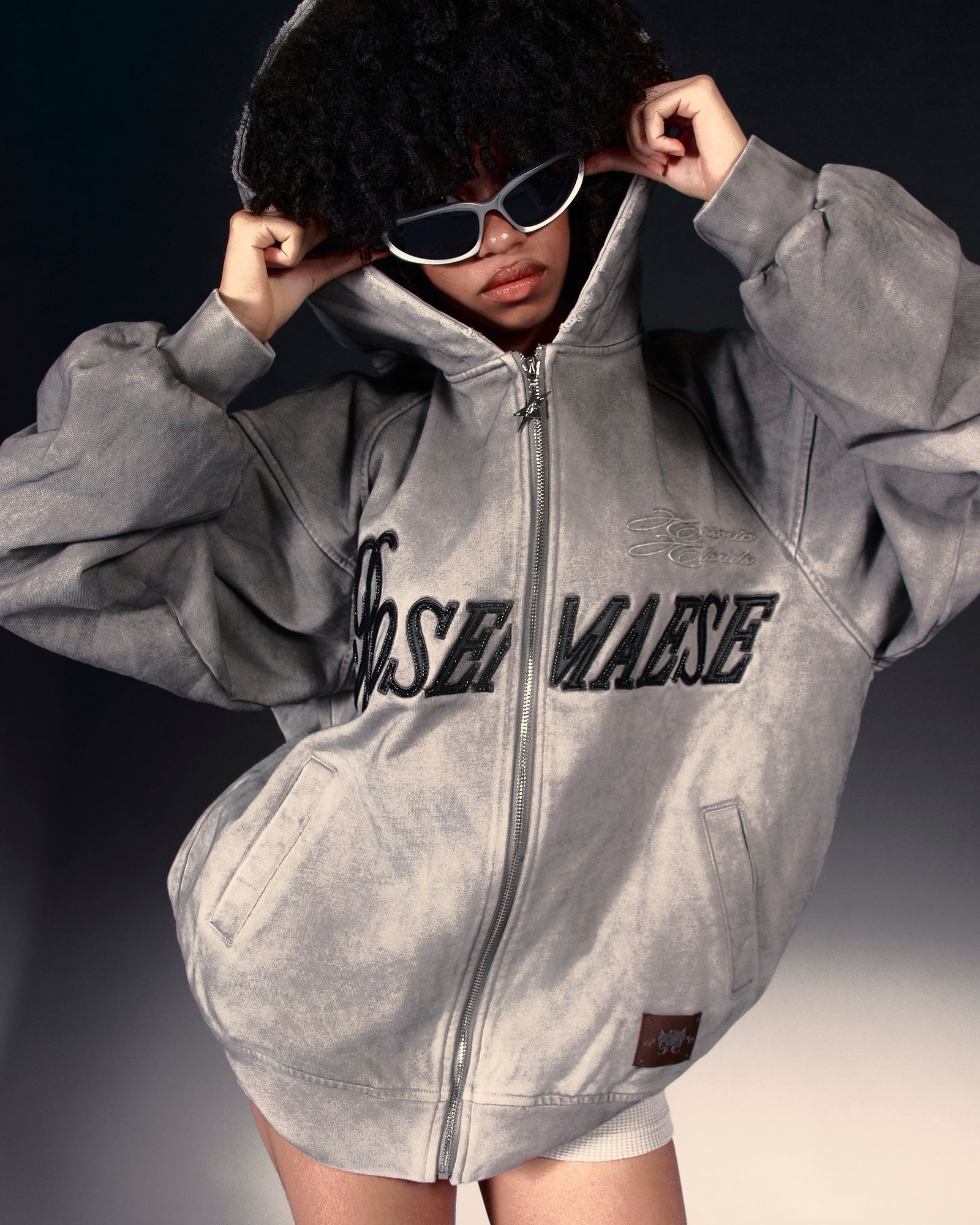 Washed Script Zip Hoodie - Grey