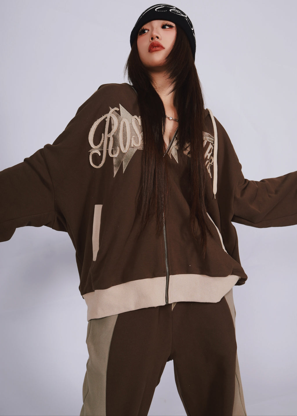 Patchwork Fullzip Hoodie - Brown