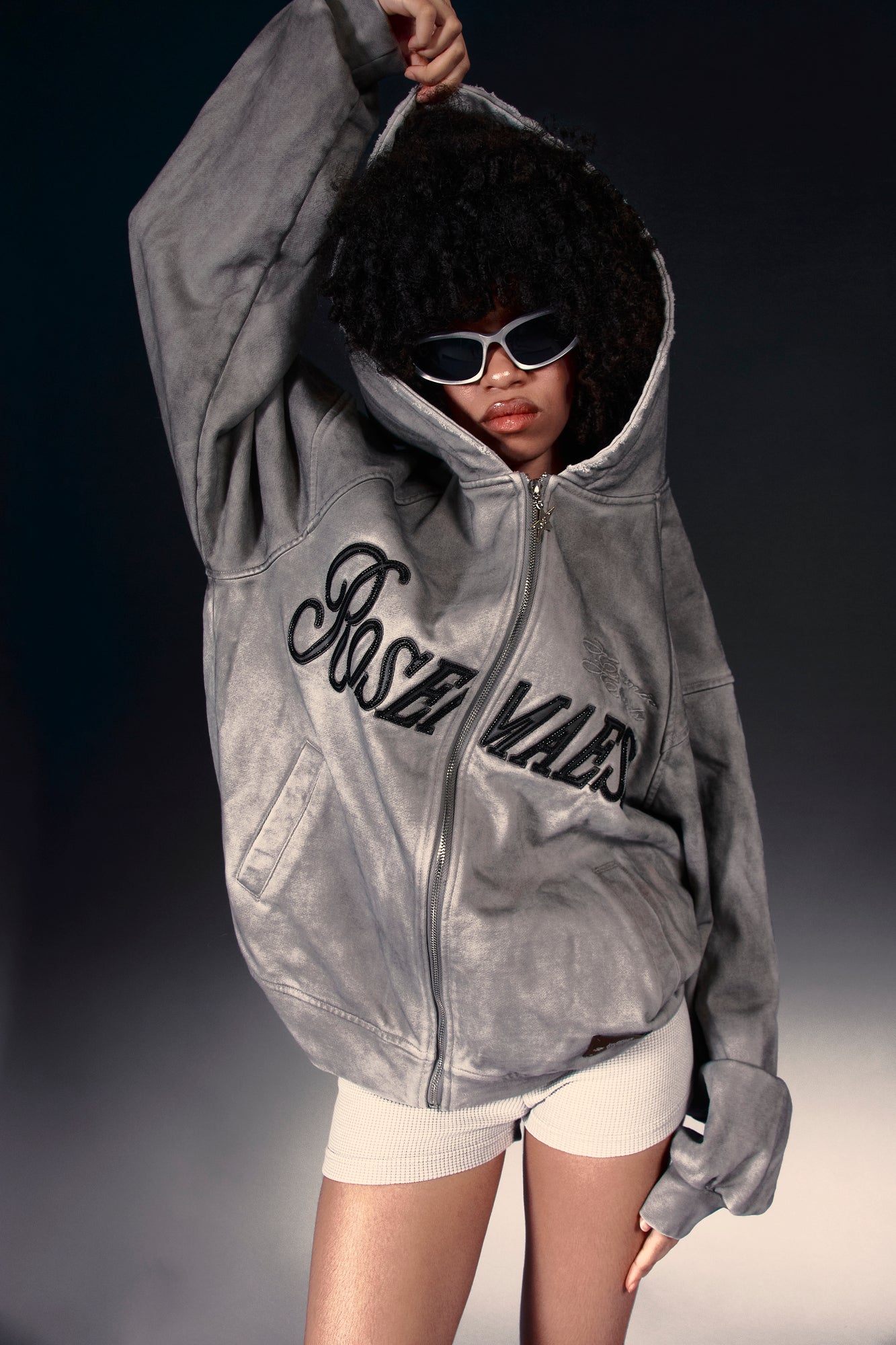 Washed Script Zip Hoodie - Grey