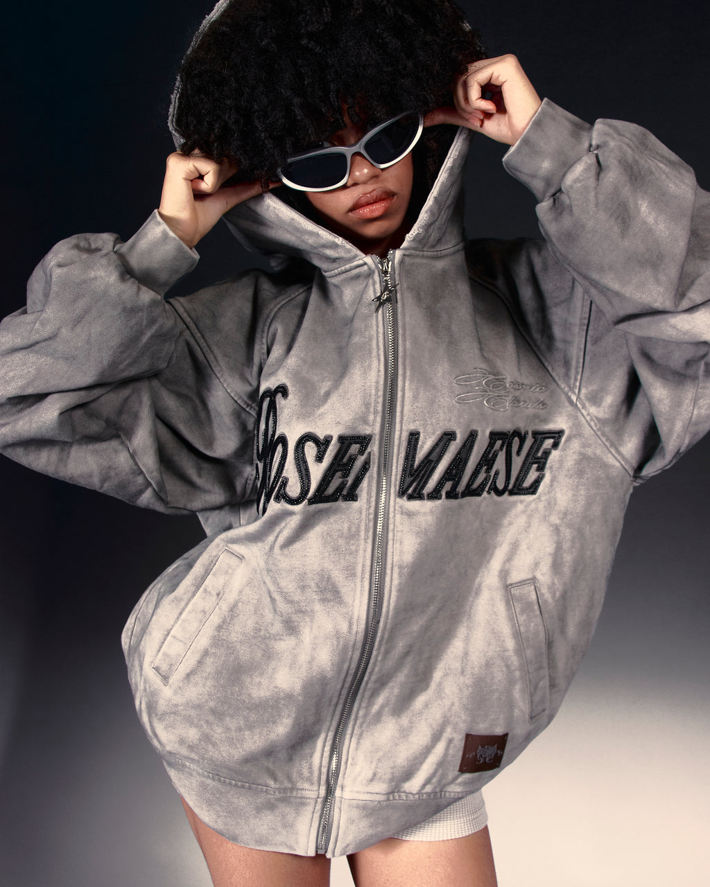 Washed Script Zip Hoodie - Grey