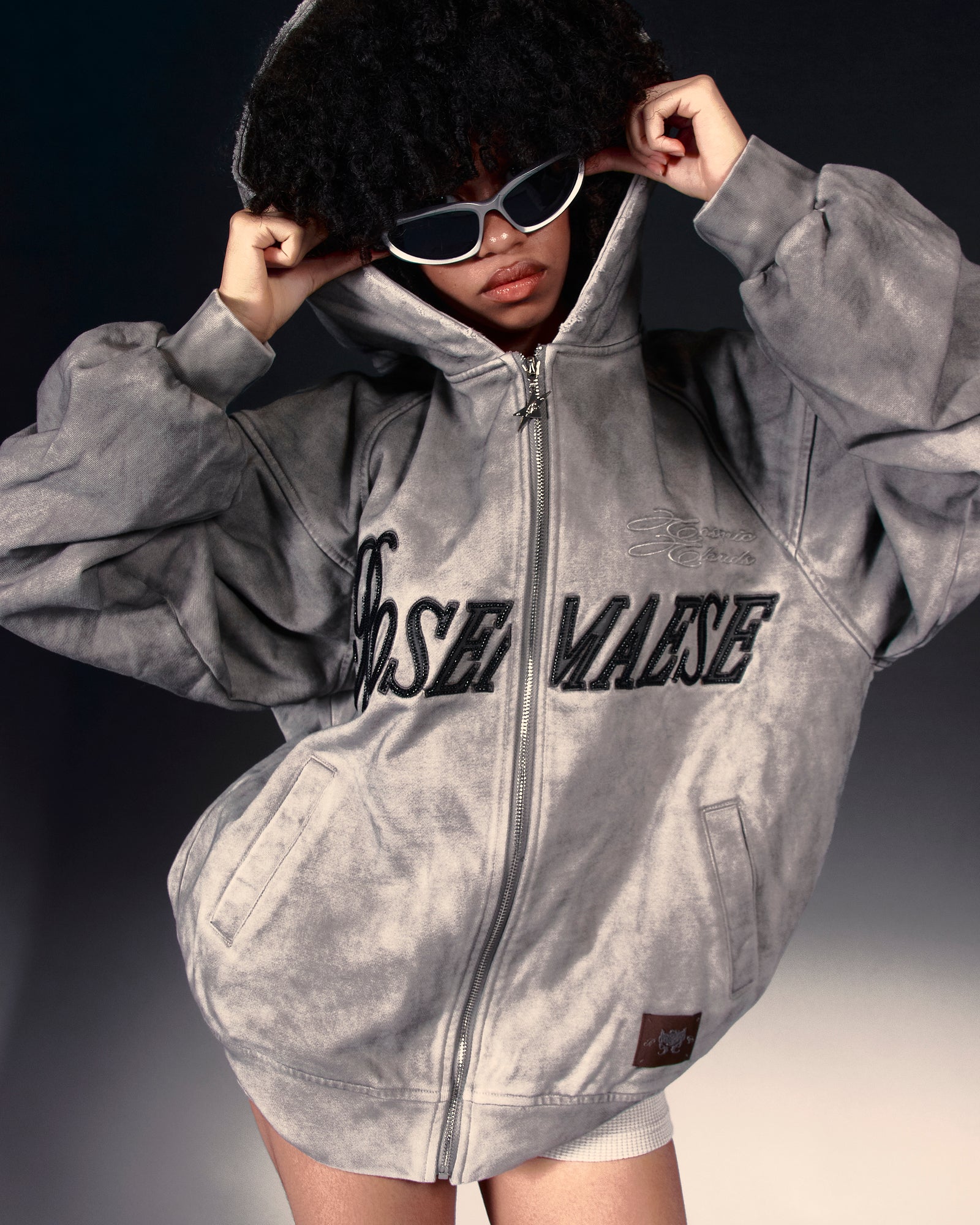 Washed Script Zip Hoodie - Grey