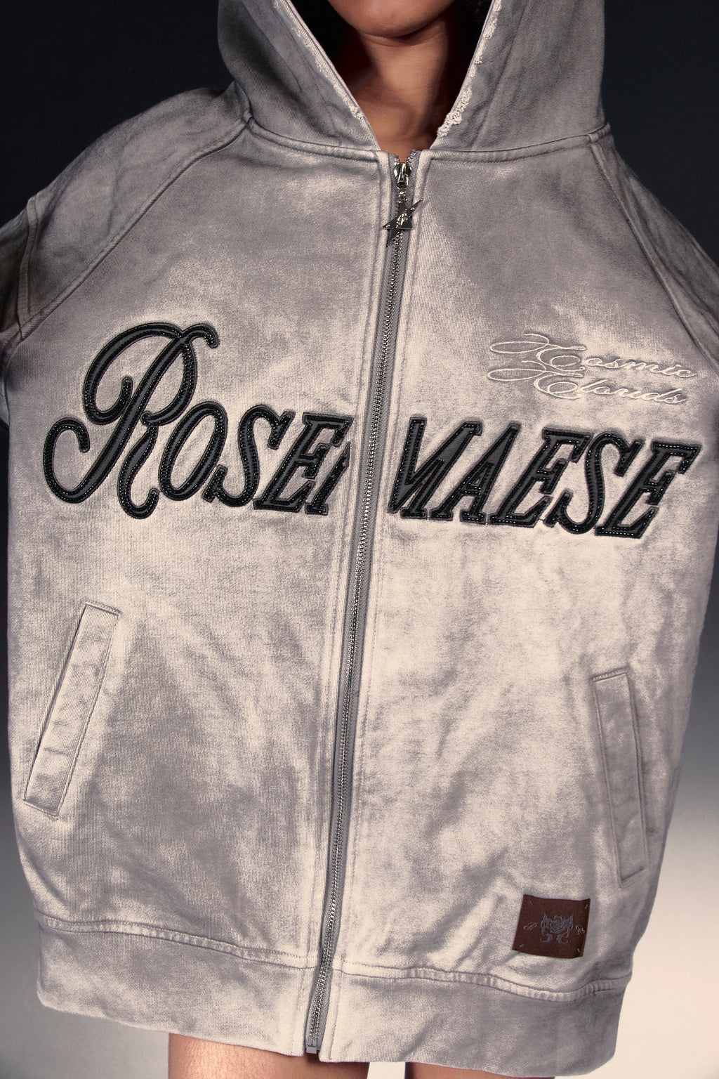 Washed Script Zip Hoodie - Grey