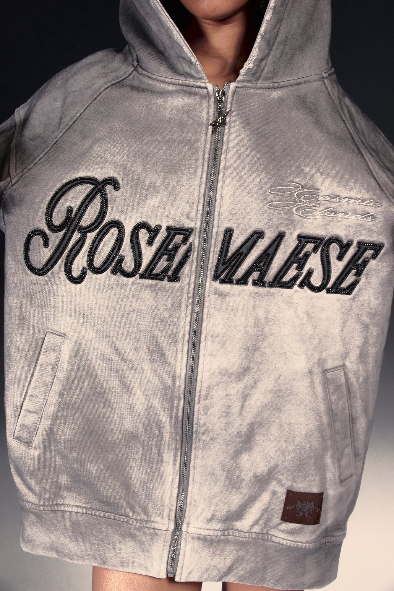 Washed Script Zip Hoodie - Grey