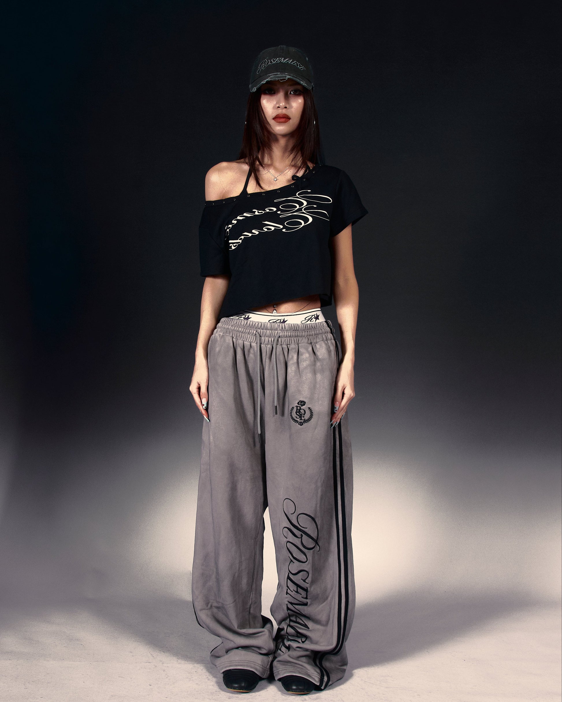 Slouchy Off-Shoulder Crop Tee - Black
