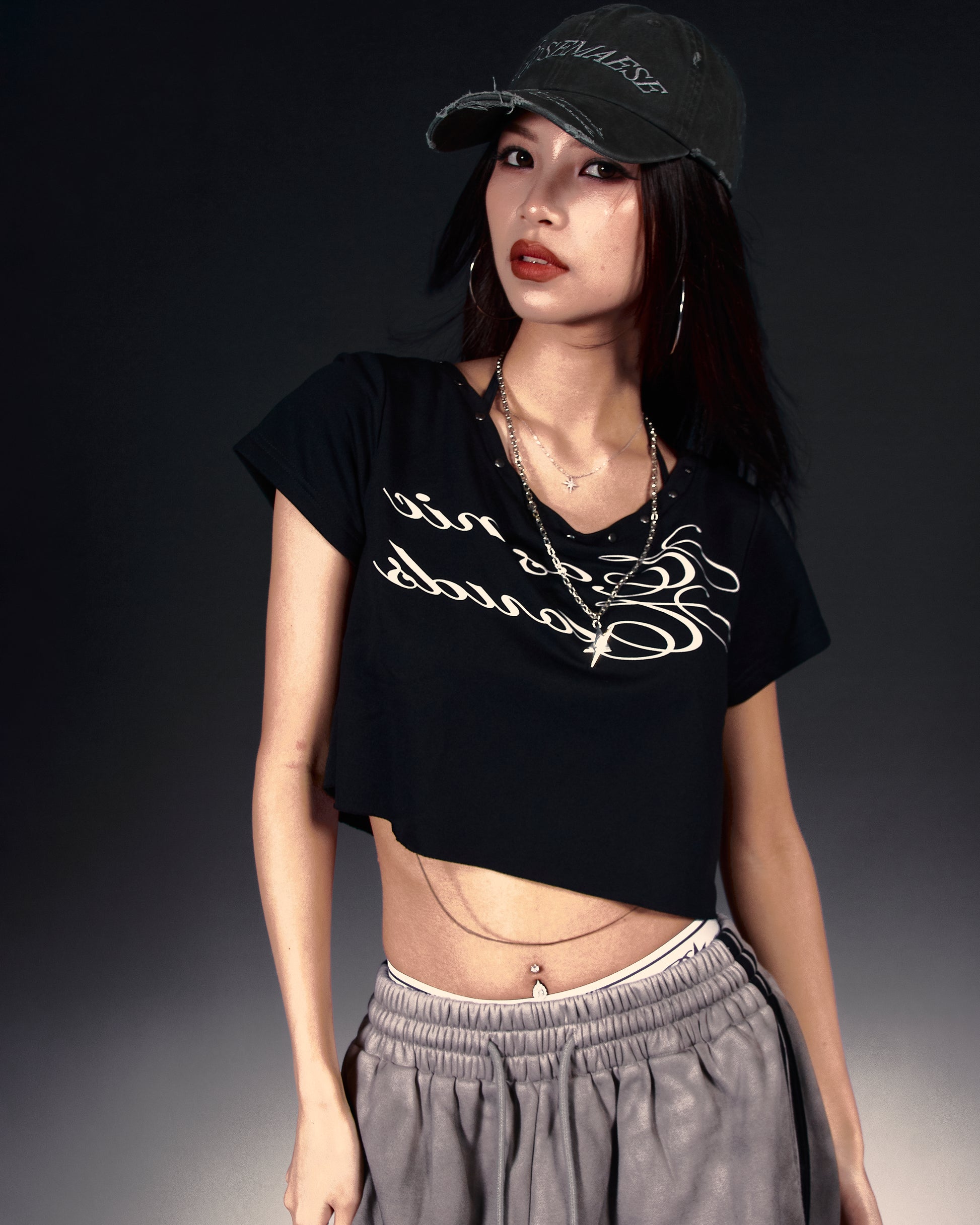 Slouchy Off-Shoulder Crop Tee - Black