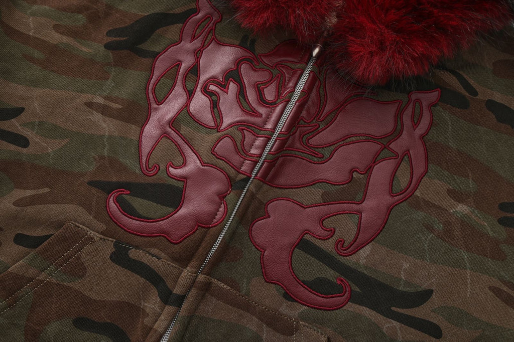 Fur Hat Zipper Jacket - Dark Camo